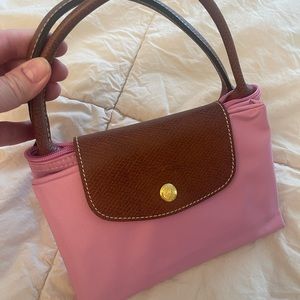 Longchamp in Pink Tote Bag with Brown Handle nylon and embossed leather trim